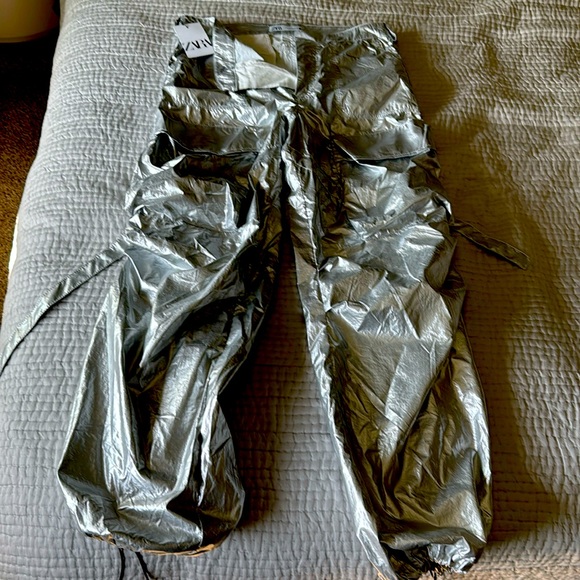 ZARA Silver Metallic Shiny Cargo Trousers - Picture 2 of 9